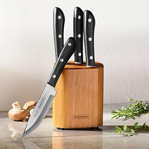 Tramontina Porterhouse 4-Pc Steak Knives | 5-Inch Stainless Steel High-Carbon Serrated Blade, Kitchen Knife Set with Hardwood Block, Full-Tang, Dishwasher-Safe