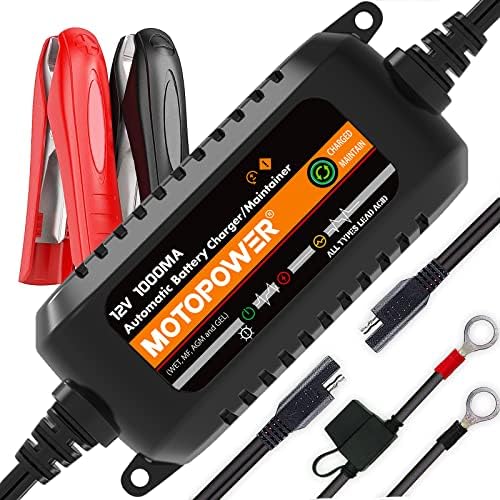 MOTOPOWER MP00205B 12V 1000mA Automatic Battery Charger, Battery Maintainer, Trickle Charger, and Battery Desulfator with Timer Protection - Grey