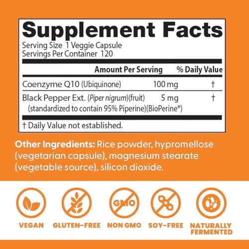 Doctor's Best High Absorption CoQ10 with BioPerine Supplement - Coenzyme Q10 Caps for Heart Health & Antioxidant Support, CoQ10 100mg for Women & Men, Non GMO, Naturally Fermented - 120 Veg Capsules