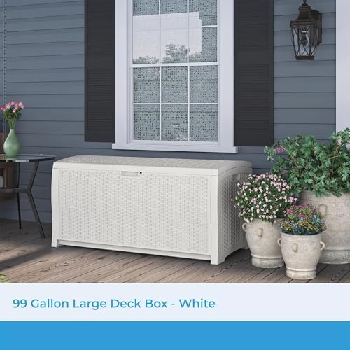 Suncast 99 Gal Wicker Resin Deck Box, Storage Chest Bin with Handles, Java