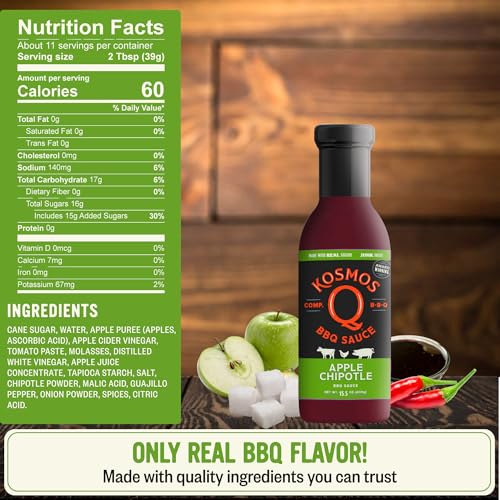 Kosmos Q Sweet Apple Chipotle BBQ Sauce, Tangy Natural Barbecue Sauce with Real Apples & Spicy Chipotle Peppers, Sweet & Spicy Glaze for Pork, Chicken, Ribs & More, Gluten Free, 15.5 Oz Bottle