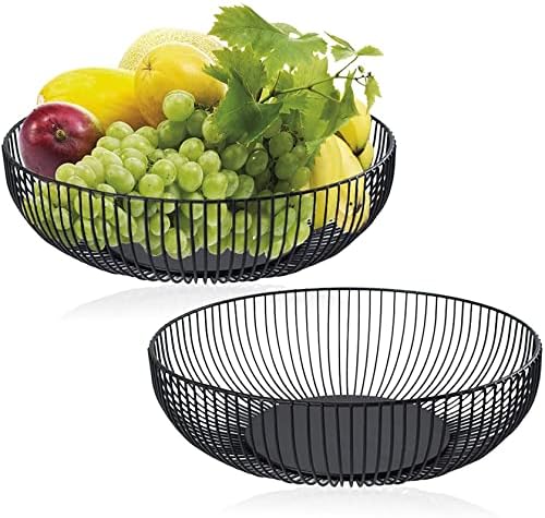 Yesland 2 Pack Metal Wire Fruit Basket- 11 Inches Black Kitchen Countertop Fruit Bowl Vegetable Holder for Bread, Snacks