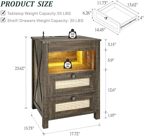 LED Night Stand with Gun Drawer & Charging Station | Human Sensor Lights, Hidden Storage, Farmhouse Rattan Style, 3 Drawers, Bedside Table for Bedroom, End Tables Livingroom