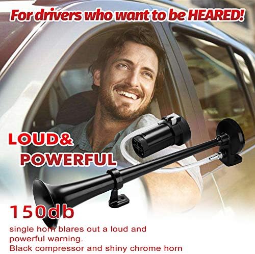 HK 12V 150db Air Train Horn Kit with Compressor Single Trumpet Air Horn Powerful Loud for Trucks Cars Boat SUV Train (Black)