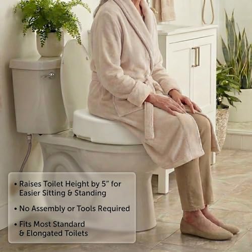 NOVA Toilet Seat Riser with Arms – Adds 5” Height, Raised Toilet Seat with ON/Off Front Lock, Adjustable & Removable Padded Arms (17.75”–20”), 300 lb Capacity, Safety Aid for Seniors