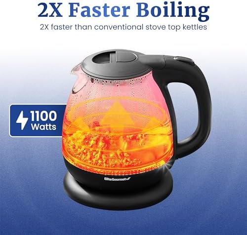 Elite Gourmet EKT1001 1.0L Glass Kettle, 1100W, Cordless Base, Black