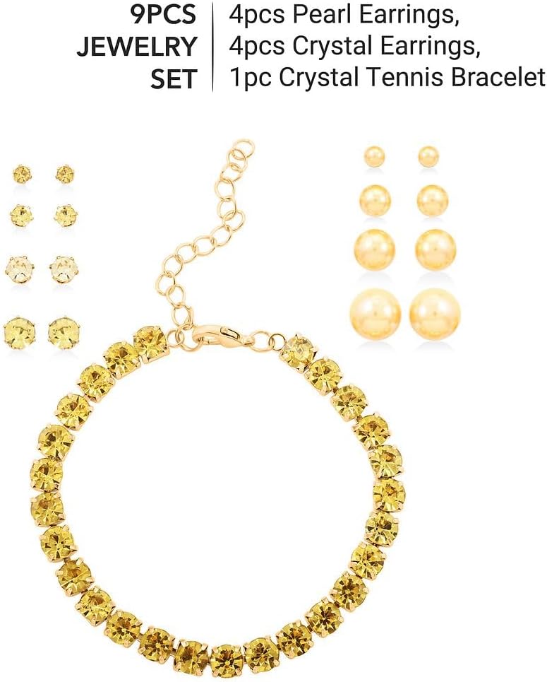 9 Piece Set Golden Shell Pearl Crystal Steel Earrings Bracelet Set 7.5-9.5"