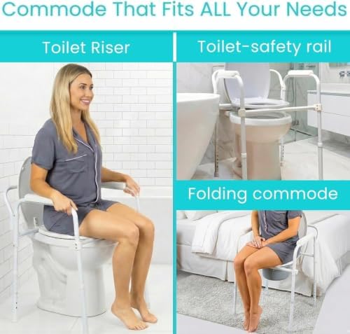 Vive Bedside Commode Toilet Chair (Folding) - 350 lb Capacity, Safety Rail, Shower Chair - 3 in 1 Heavy Duty Bariatric Bucket with Padded Arms