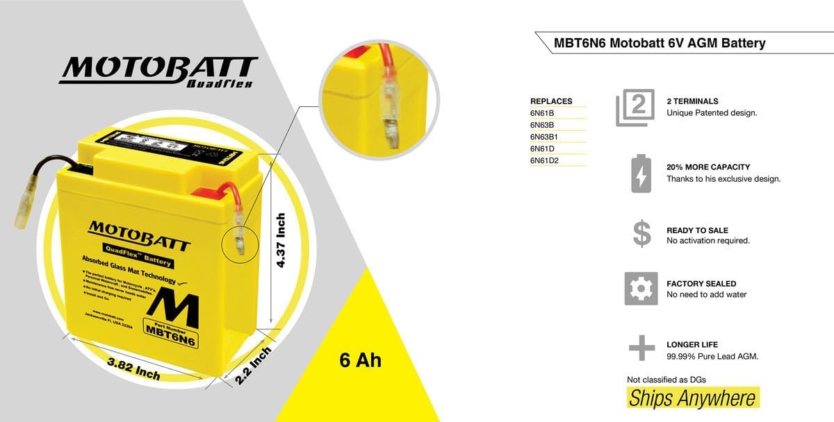 MotoBatt MBT6N6 (6V 6 Amp) AGM Motorcycle Battery | 6 Volt Sealed Lead Acid Battery Replacement for Motorcycles | Factory Activated Maintenance Free