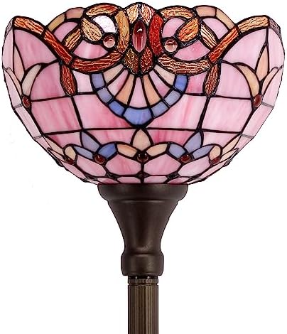 WERFACTORY Tiffany Floor Lamp Pink Baroque Stained Glass Torchiere Light | 12X12X71 Inches Pole Standing Corner Torch Uplight Decor Bedroom Living