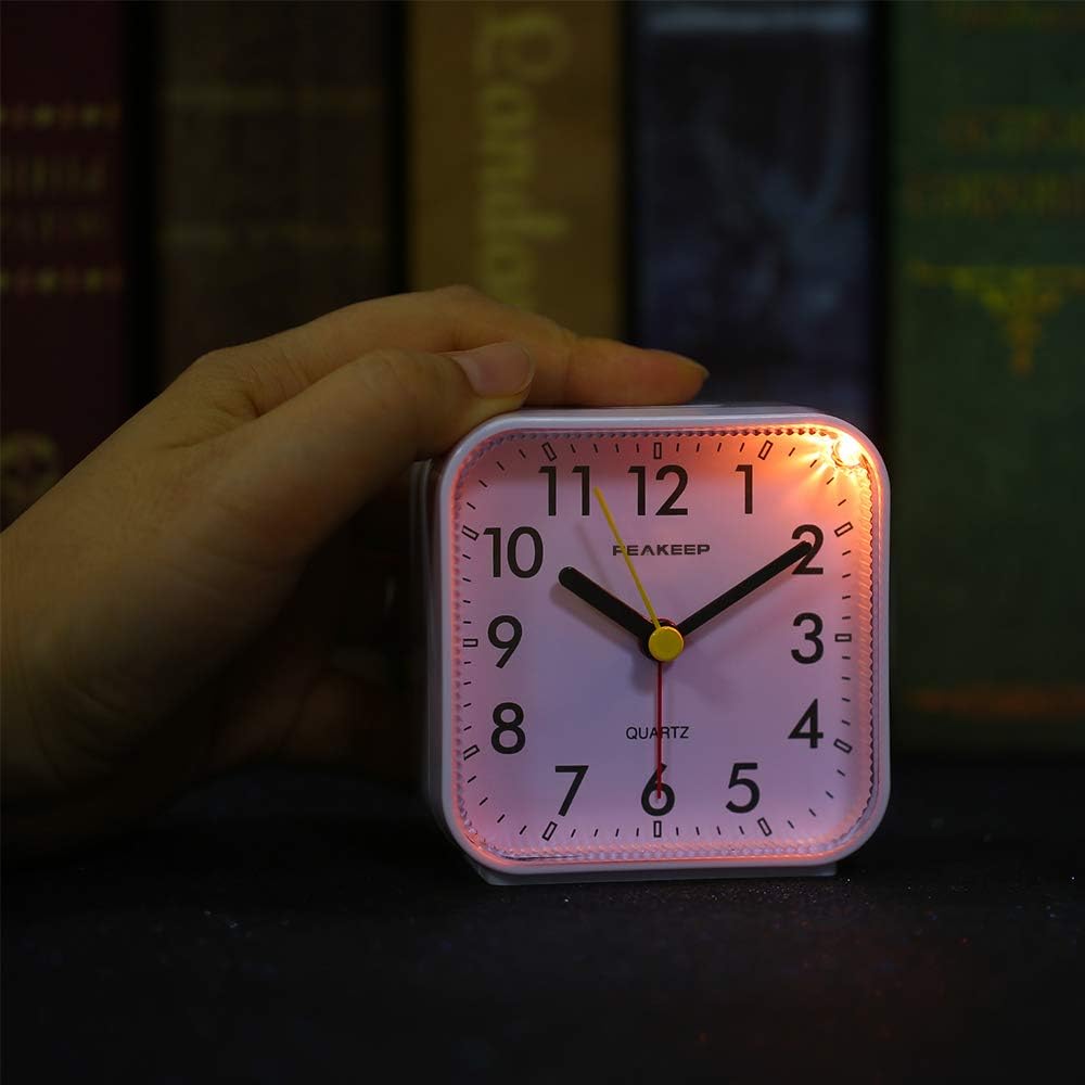 Peakeep Small Battery Operated Analog Travel Alarm Clock Silent | No Ticking, Lighted on Demand and Snooze, Beep Sounds, Gentle Wake, Ascending Alarm, Easy Set (Black)
