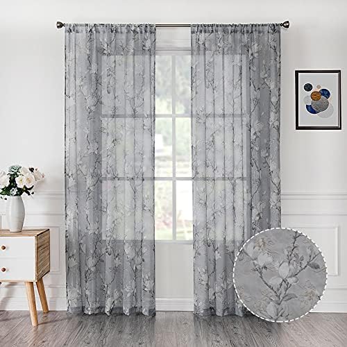 Tollpiz Floral Grey Sheer Curtain Flower Print Vine Embroidery Bedroom Curtains Rod Pocket Voile Window Curtain for Living Room, 54 x 84 inches Long