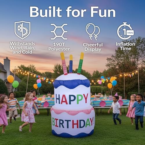 Sunnydaze 4-Foot Happy Birthday Cake Inflatable Decoration - Fan Blower and LED Lights