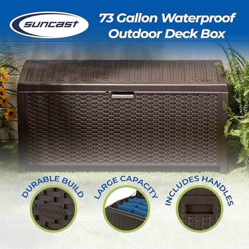 Suncast Outdoor Storage Box - 73 Gallon Mocha Brown Deck Box for Patio, weather-resistant Outdoor Storage Bench, Resin Wicker Style, Heavy-Duty, Lockable Lid for Cushions, Shoes, Pool & Garden Gear