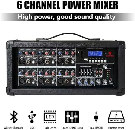 S-1202 12inch 2000W Bluetooth PA System with Powered Mixer Set | Passive Speakers with 6 Channel Mixer /Stands /Mic/ Effect Controller/ 48V Phantom