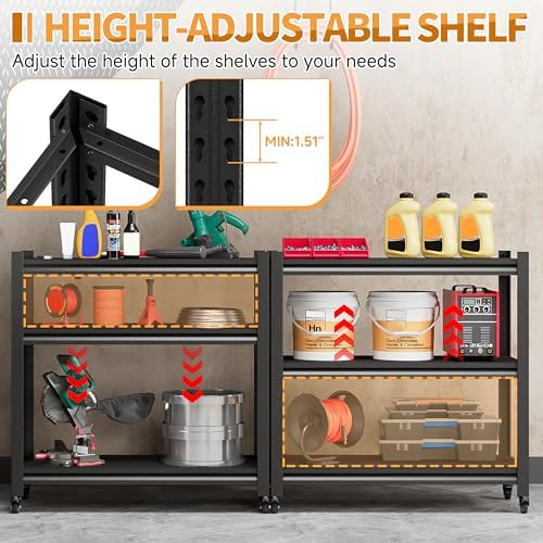 32" H Metal Garage Workbench with Wheels,3-Tier Garage Roling Tool Work Bench,Adjustable Heavy Duty Work Table on Wheels,Black Mobile Garage Workstation for Warehouse Workshop,Screwless Design