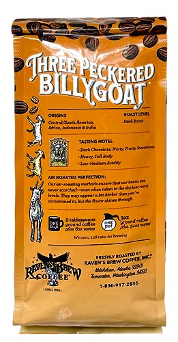 Raven's Brew Coffee Three Peckered Billy Goat, 12 Ounce - Dark Roast - Full Body with a Long Sweet Finish (Organic Ground, 12 oz)