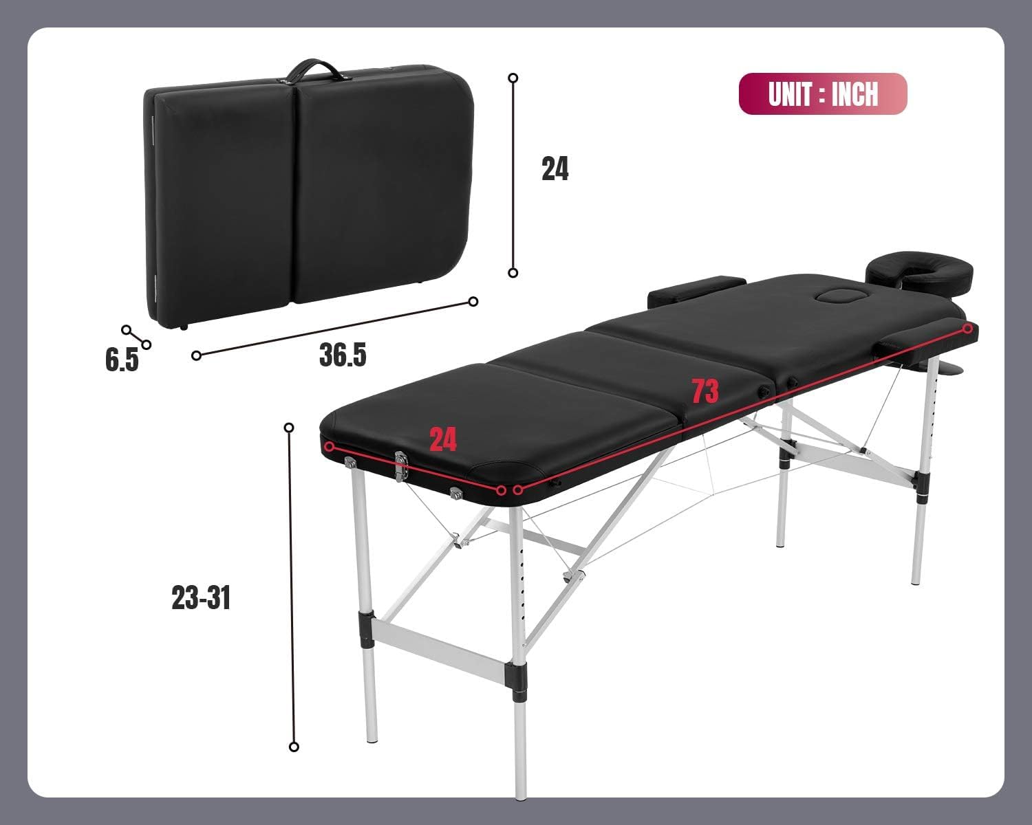 BestMassage Aluminium Massage Bed Portable Massage Table 28 inch Wide Lash Bed Height Adjustable 3 Folding Spa Table with Non-Woven Bag for Spa Footmassage Facial CareSpa Tattoo