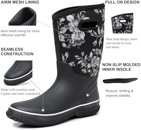WTW Womens Mid Calf Rain Boots - Waterproof Insulated Neoprene Rubber Boots Mud Outdoor Hunting Garden Boots