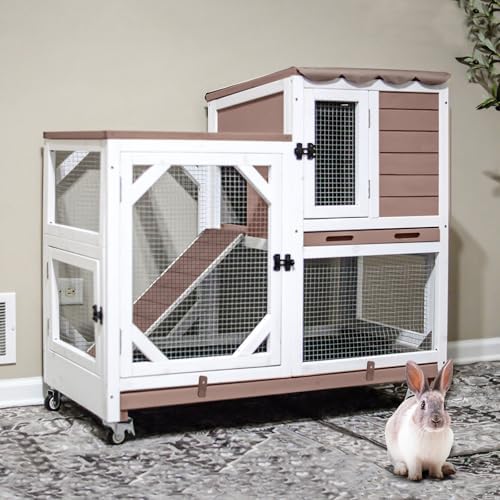 Indoor Rabbit Bunny Hutch Outdoor, Guinea Pig Cages with Removable Bottom Wire Netting - Easy Clean