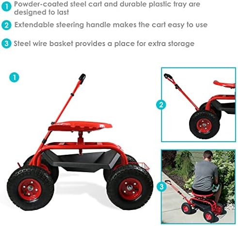 Sunnydaze Garden Seat with Wheels and Adjustable Handle, Red | Steel Rolling Gardening Seat with Utility Tray for Storage, Rotating, Swiveling Motion