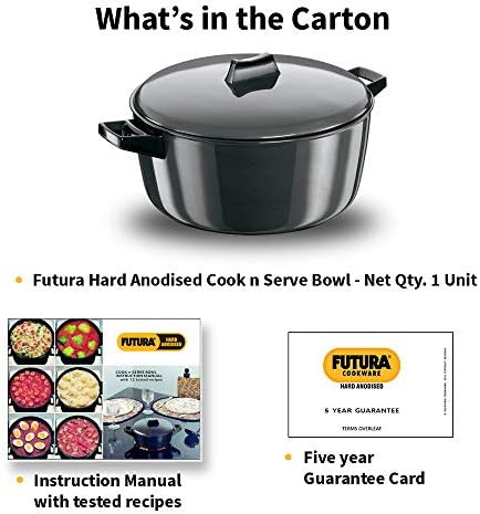 Hawkins Futura 6 Litre Cook n Serve Bowl, Hard Anodised Saucepan with Hard Anodised Lid, Sauce Pan for Cooking and Serving, Black (ACB60) (Aluminium)