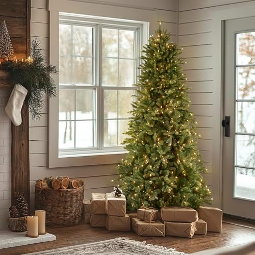 National Tree Company 7.5ft Pre-Lit Tiffany Fir Slim Christmas Tree | 600 Clear Lights, 1,878 Tips, Includes Stand, Artificial, Green