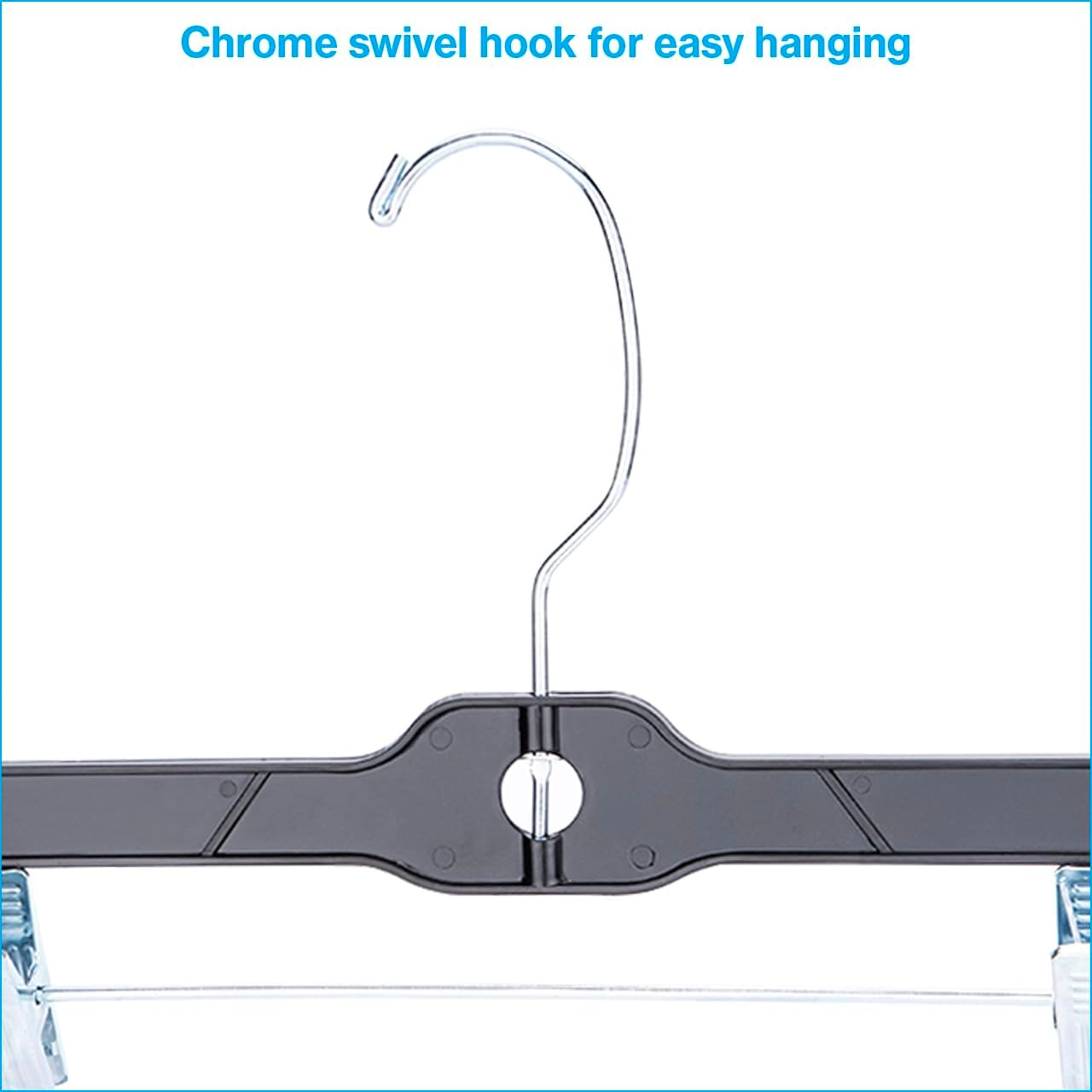 14-Inch Black Plastic Skirt and Pants Hangers - Pack of 20 with Chrome Swivel Hook, Padded Clips - Perfect for Retail and Home Use