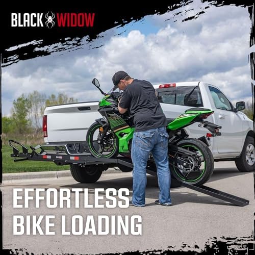 Black Widow Steel Motorcycle Carrier with Ramp for 2-Inch Receiver, 500 lb Capacity - Hitch-Mounted Dirt Bike and Scooter Hauler with Grit-Coated Track and Anti-Rattle Device for SUVs and Trucks