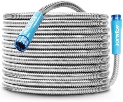 Aqua Joe 50-Foot Heavy Duty Garden Hose, Spiral 304 Stainless Steel Metal Hose, Puncture Proof, 1/2 Inch Diameter with Aluminum Fittings, AJSGH50