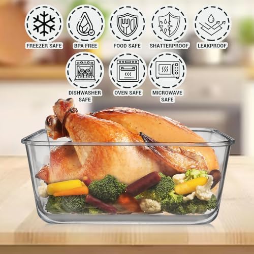 Razab 3300 ml / 112 oz Large Glass Food Storage Containers with Lids, Airtight, Leakproof, BPA Free - Ideal for Meal Prep, Store Leftover & Lunch, Baking Casserole - Freezer, Microwave & Oven Safe