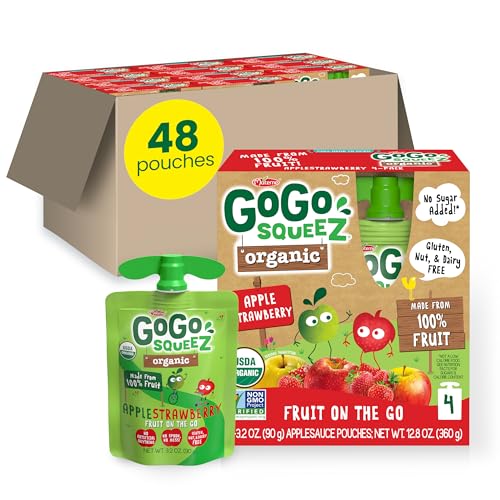 GoGo squeeZ No Sugar Added Organic Applesauce, Apple Apple, 48 Count | Kids on the go fruit snack made with applesauce & fruit puree; 3.2 oz pouches, gluten and nut free, recloseable cap, BPA-free