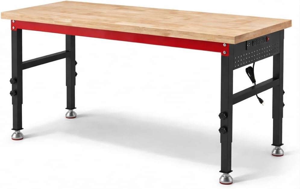60" Heavy Duty Workbench, 2500 LBS Load Capacity Work Bench with 1.2" Laminated Oak Wood Top & Reinforced Steel Frame, Adjustable Height Work Table for Garage, Workshop, Office, Home (Casters)