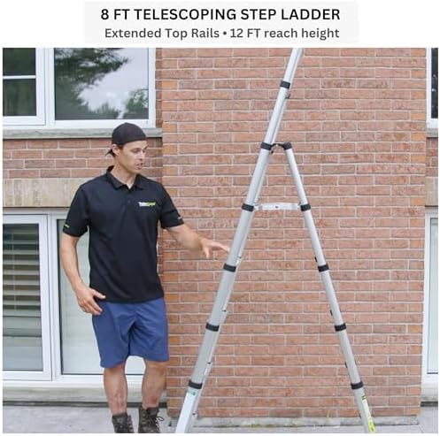 Telesteps 12ES Telescoping A-Frame Ladder – 8 ft Height, 12 ft Reach | Type 1AA 375 lb Rated | Compact Folding Aluminum Ladder with Stair Offset