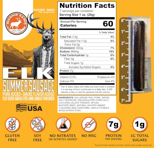 Pearson Ranch Grass Fed Elk Summer Sausage – Wild Game & Exotic Meat – Low-Carb, Gluten & MSG-Free, No Added Nitrites – 7 oz (Pack of 3)