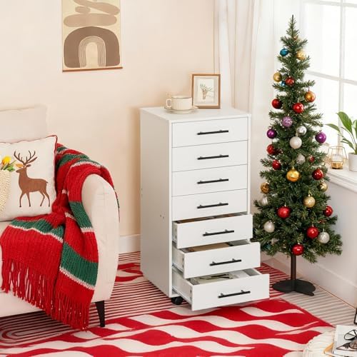 HOOBRO 7-Drawer File Cabinet, Wooden Office Cabinet with Drawers, Mobile Storage Filing Drawer for Home Office, Study, Easy Assembly, White WT07WJ01