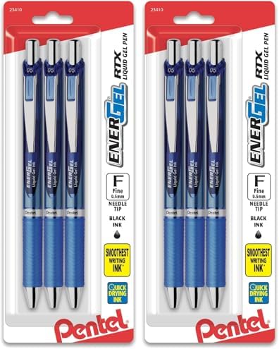 Pentel EnerGel RTX Retractable Liquid Gel Pen, (0.5mm), Fine Line, Needle Tip, Black Ink, Pack of 3 (BLN75BP3A)