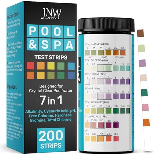 Pool Test Strips for Pools and Spas - 7 in 1 Water Test 100 Pack | Includes 100 pool test strips that measure chlorine, bromine, pH, alkalinity, hardness and cyanuric acid in 30 seconds.