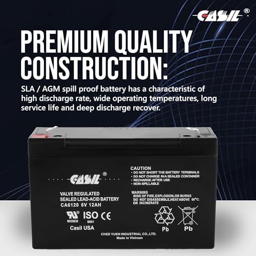 Casil CA6120 6V 12Ah Battery - 12Amp, 6V AGM Deep Cycle Battery, SLA Battery F2, VRLA Replacement, Emergency Light Battery 6V 12Ah - 2 Pack