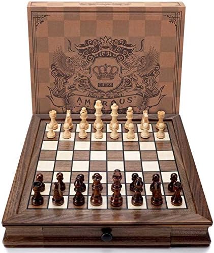 AMEROUS Magnetic Wooden Chess Set, 12.8" x 12.8" Walnut Chess Board Game with 2 Built-in Storage Drawers - 2 Bonus Extra Queens - Chess for Beginner