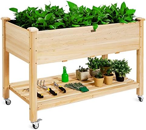 GIANTEX Raised Garden Bed on Wheels, Wood Planter Box with Legs, Liner, Drain Holes, Elevated Garden Bed for Vegetables