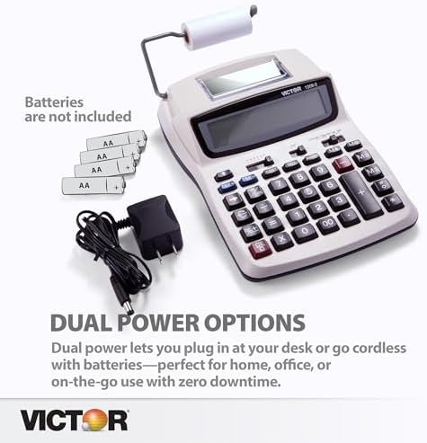 Victor Printing Calculator, 1208-2 Compact and Reliable Adding Machine with 12 Digit LCD Display, Battery or AC Powered, Includes Adapter,White