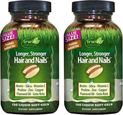 Irwin Naturals Longer, Stronger Hair and Nails - 120 Liquid Softgels - Promotes Vibrant Shine Texture & Strength - 60 Total Servings | Support Shine, Texture, Hair & Nail Strength | Biotin + Horsetail Silica | Connective Tissue Support | 120 Soft-Gels