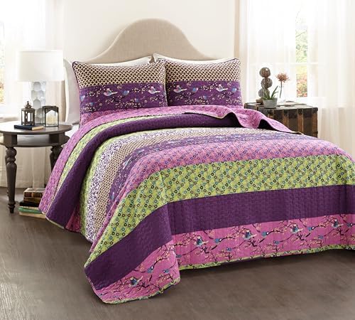 Lush Decor Royal Empire Reversible Cotton Quilt Set, 3 Piece Set Full/ Queen, Plum - Striped Bedding Set - Floral Quilt Queen Size - Purple Bedding - Boho Decor