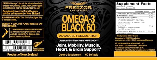 FREZZOR Omega 3 Black for Joint Care & Comfort - New Zealand Green Lipped Mussel Oil Capsules; 53x Higher Potency with UAF1000+ Super Antioxidant, No Fishy Aftertaste, 1-Pack, 60 Softgels