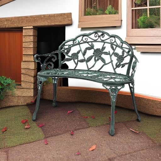 VINGLI 38.5" Patio Park Garden Outdoor Metal Rose Bench, 2-Person Cast Iron Cast Aluminium Frame Antique Finish Chair,Accented Lawn Front Porch Path Yard Decor Deck Furniture (Bronze, Rose)