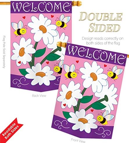 Two Group HS104060-P2-03 Daisies Spring Floral Applique Decorative Vertical 28" x 44" Double Sided House Flag Set Wood Dowel with String Hardware