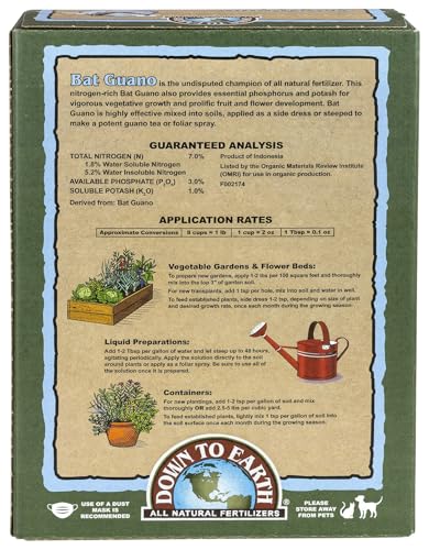 Down To Earth All Natural Fertilizers Organic Bat Guano - 7-3-1, 0.25 lb | High Nitrogen Plant Food for Rapid Vegetative Growth, Fast-Acting in Vegetable Gardens, Flower Gardens