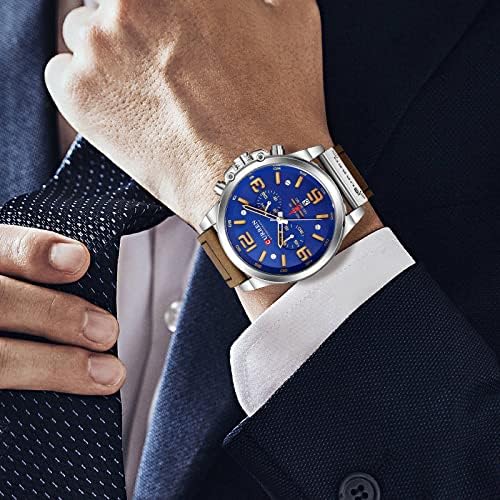 FANMIS Mens Classic Analog Quartz Chronograph Sandwich Dial Leather Watch