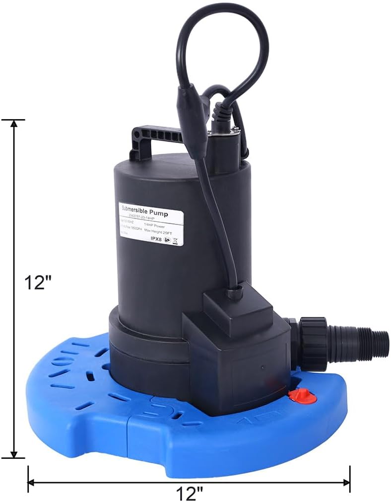 Pool Cover Pump, 1/4 HP 1850GPH Automatic Submersible Water Pump, 120V Swimming Pool Drain Pump with Auto On/Off Sensor